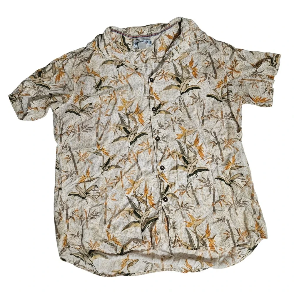 Margaritaville Mens Large Tropical Bird of Paradise Bamboo Camp Shirt Tan L